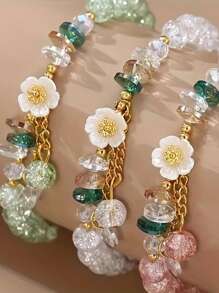 3 PiecesBoho Floral Beaded Bracelet Set: 5 - Color Crackle Glass Beads With Camellia Flower Charms, Gold - Tone Accents, Perfect For Summer Stacking, Festival Jewelry & Bohemian Style Lovers