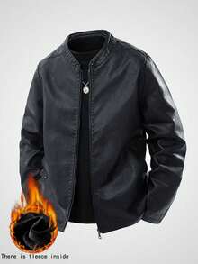 WASSUP OTHER 男士夹克，冬季保暖PU皮夹克，时尚圆领摩托车夹克，街头风夹克 - 黑色 - 查看 2