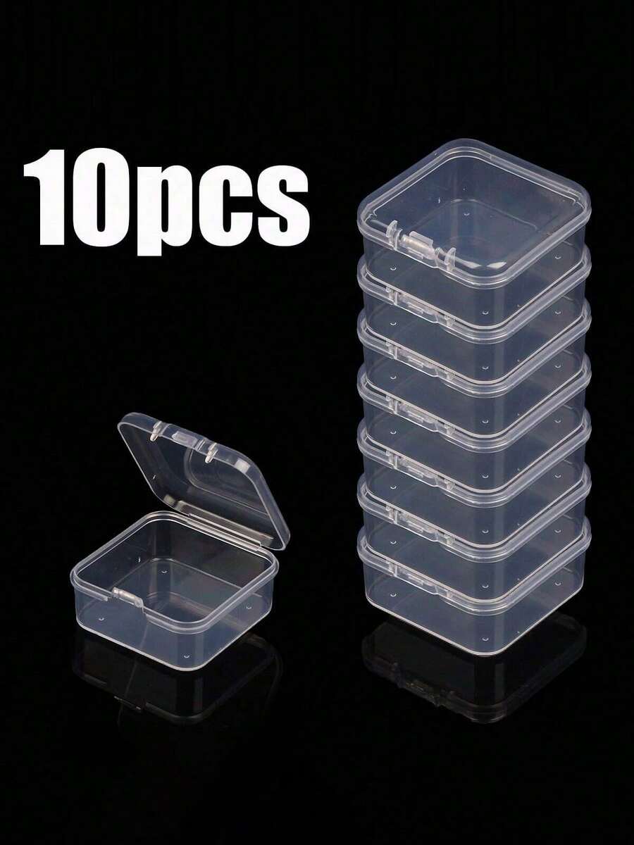 10件装方形透明塑料盒，收纳盒，用于存放珠子、耳环、耳塞、纽扣等物品