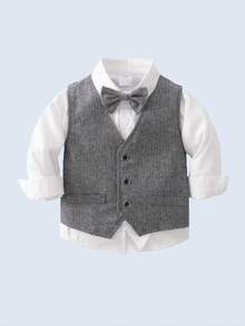 BOARNSEORL 男婴绅士套装三件套 - 白色领结衬衫、灰色马甲和背带裤，时尚有型，适合生日派对、婚礼和正式场合。 - 灰色 - 查看 3