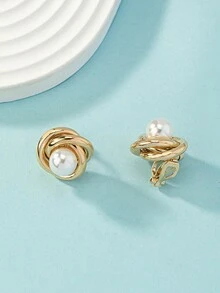 1 Pair Fashionable Retro Metal & Pearl Twist Clip-On Earrings, Gift For Dates (No Piercing Needed) - Yellow Gold - View 3