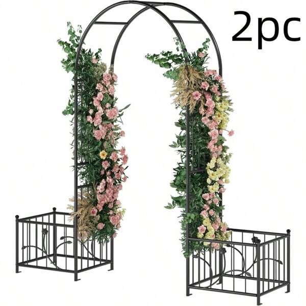 1/2pcs Black Metal Garden Arch With Flower Pot, Suitable For Climbing Plants, Outdoor Lawn, Patio And Backyard Wedding Decor