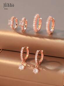 Hihho 6 件时尚优雅锆石镶嵌方形和圆形几何魅力耳环套装，包括圆形闪亮锆石吊坠耳环，镀玫瑰金，女士礼物 - 玫瑰金 - 查看 3