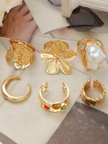 1pc French Baroque Faux Pearl Ring Set, Exaggerated Open Flower Design Metal Vintage Ring For Women