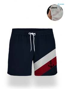 Men's Summer Printed Pattern Drawstring Waist Slant Pocket Hawaiian Quick-Dry Double-Layer Mesh Lined Shorts, Fashionable Casual Beachwear Swim Trunks With 3D Anchor Colorblock Print, Suitable For Halloween, Beach Holiday - Multicolor - View 3