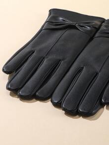 1 Pair Solid Color Casual Elegant Bow PU Leather Gloves, Warm And Fashionable Touch Screen Gloves For Women, Suitable For All Seasons, Autumn/Winter, Bow Decor, Riding Gloves, Thermal Lined, Cute Student Gloves, Black