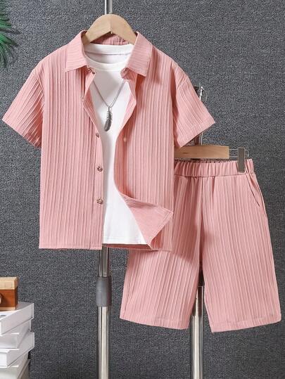 男童休闲波浪纹理短袖衬衫和短裤套装，轻盈透气纯色，适合春夏季