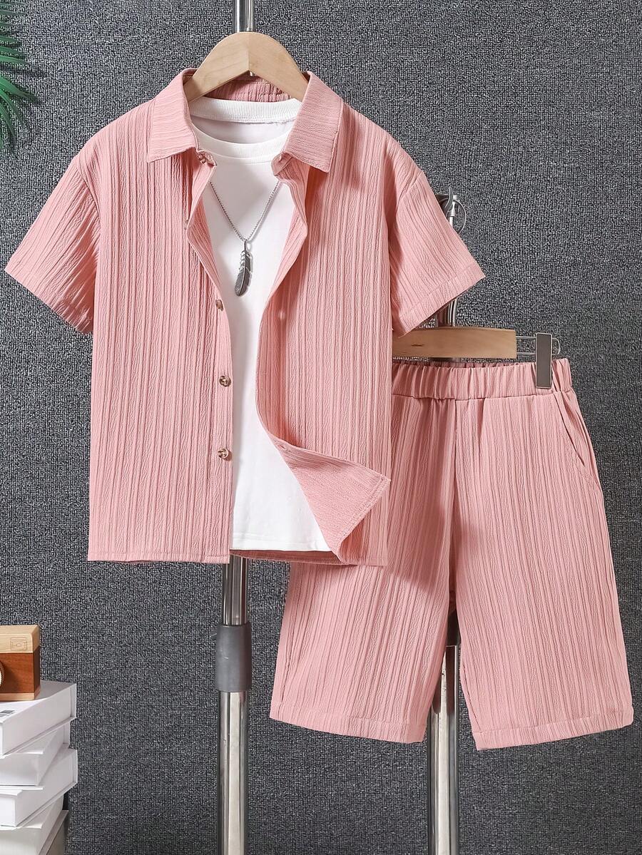 Boys' Casual Wavy Texture Short Sleeve Shirt & Shorts Set, Lightweight Breathable Solid Color, Suitable For Spring/Summer - Pink - View 1
