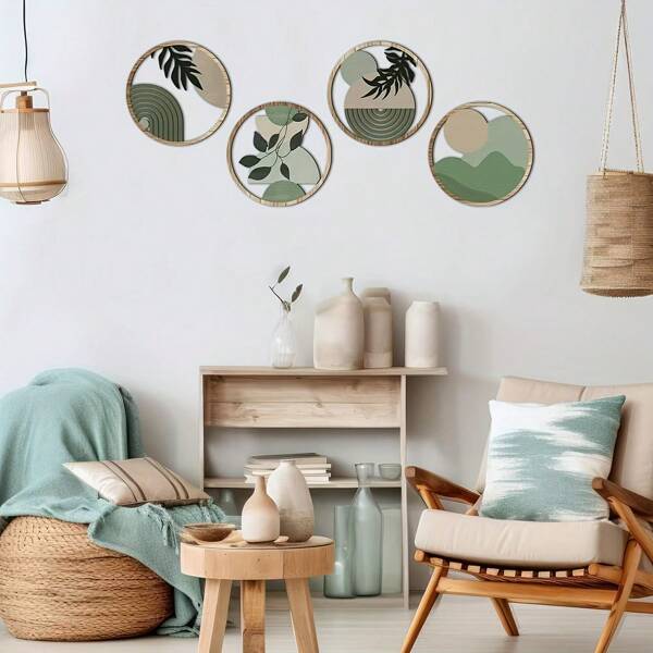 4pcs Bohemian Style Wooden Art Plant Decor Hanging Greenery, Suitable For Farmhouse, Living Room, Bedroom Wall Decor, Rustic & Chic, Strong Decorative Value, Can Be Used As Gift