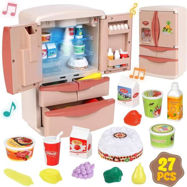 Küchenspielzeug Kühlschrank mit Eiswürfelspender, Mini Puppenhausmöbel Kühlschrankküche Spielset mit Mini Spielessen