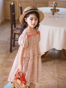 Girls' Lightweight Bowknot & Floral Digital Print Casual Dress, Summer - Multicolor - View 2