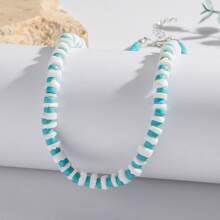 1pc Handmade Natural Turquoise & Shell Beaded Necklace, Fashion Versatile Unisex Couple Jewelry