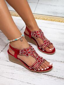Women's New Platform Wedge Sandals - Vintage Rhinestone Elastic Band Bohemian Style Roman Shoes - Suitable For Vacation And Travel - Hot Pink - View 3