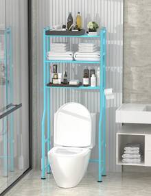 3-Tier Over The Toilet Storage, Freestanding Metal Bathroom Shelves With 4 Hooks, Over Toilet Storage Shelf With Paper Holder, Above The Toilet Shelf For Bathroom Storage, Blue - 藍色 - 查看 2