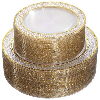 50/25/12/7pcs Transparent Plastic Plates, Clear Bottom With Gold Rim, Elegant Dessert Plates, Pasta Plates, Pizza Plates, Cake Plates, Salad Plates, 7.5"/10.25" Sizes, Reusable And Easy To Clean, Suitable For Outdoor Parties, Birthdays, Weddings And Holiday Gatherings
