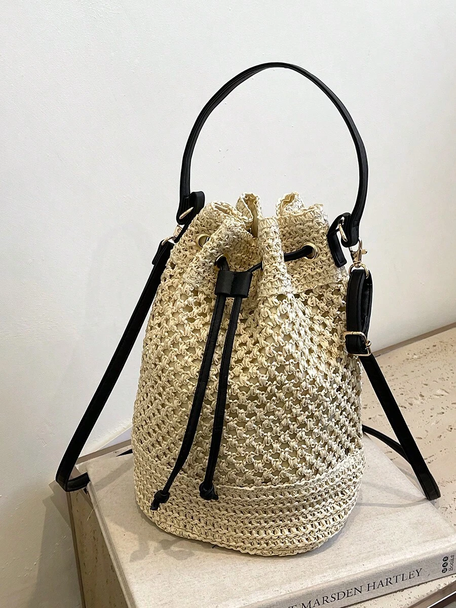 女士波西米亚风格度假抽绳草编桶形单肩包 - 米色 - 查看 1