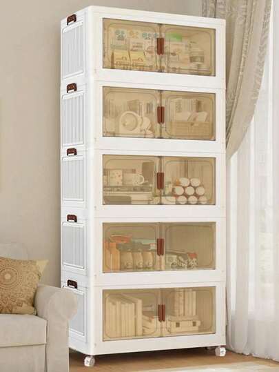 45cm/5layers Storage Boxes With Doors And Wheels, Stackable And Foldable Cabinets, Suitable For Wardrobes, Living Rooms, Bedrooms, Offices, Wardrobe Storage Boxes, Decorative Handles, Easy-To-Move Wheels, Wardrobe Storage Boxes And Storage Space.
