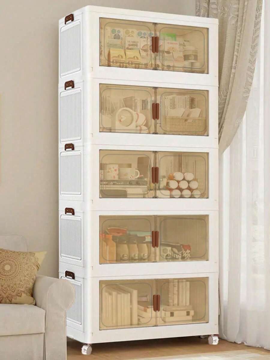 45cm/5layers Storage Boxes With Doors And Wheels, Stackable And Foldable Cabinets, Suitable For Wardrobes, Living Rooms, Bedrooms, Offices, Wardrobe Storage Boxes, Decorative Handles, Easy-To-Move Wheels, Wardrobe Storage Boxes And Storage Space. - White - View 1
