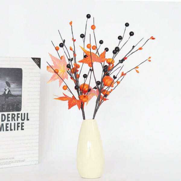 1 Stück künstlicher Kürbis-Beerenzweig Herbstblumenstrauß für Vasen, Thanksgiving, Halloween Dekoration, geeignet für Zuhause, Büro, Kränze, festliche Innenraum Weihnachtsdekoration