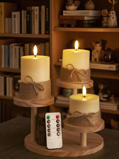 3-Piece Flameless LED Candle Set With Remote And Timer - Ivory Wax Finish With Jute Rope Decoration - Indoor Home Decor/Party/Graduation Decor