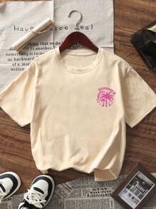 1 stuk Tween Girls bedrukte pullover abrikoos korte mouwen T-shirt, student jonge kinderen kleding, comfortabele en modieuze zomertop, meisjes zijn dol op