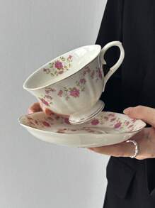 1set (1 Cup + 1 Saucer) Vintage Floral Ceramic Coffee Cup And Saucer Set, Hand-Painted Pink Flower Latte Mug For Office, Home, Afternoon Tea, Gifts Back To School
