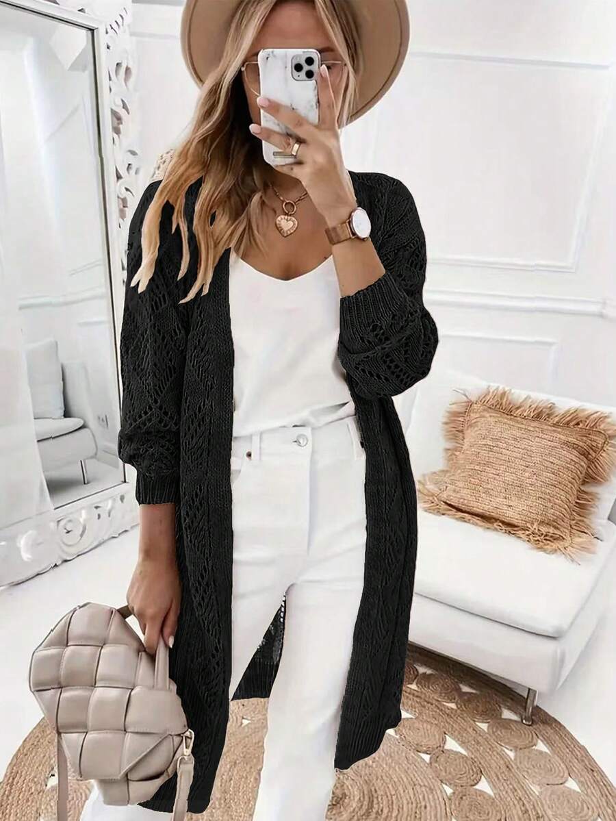 Plus Size Women Open Knit Hollow Out Long Sleeve Cardigan, Casual Fashionable Daily Wear, Spring/Summer