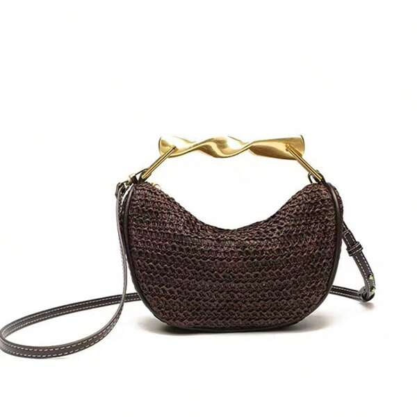 Sac de plage tissé à bandoulière avec poignée en métal et fermeture éclair, bandoulière réglable, sac à bandoulière en paille demi-lune, sac à main à la mode en paille, fourre-tout décontracté pour les vacances, sac à bandoulière multicolore en option