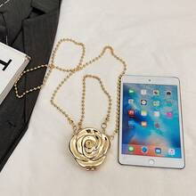 1 chiếc túi cầm tay kim loại mini mới, ví đựng tiền xu mạ vàng, túi xách màu kim loại sáng bóng Avant-Garde, túi đeo chéo có dây xích đính cườm, túi xách tay hoa bất đối xứng, túi đựng tiền xu thanh lịch - Vàng - Xem 5