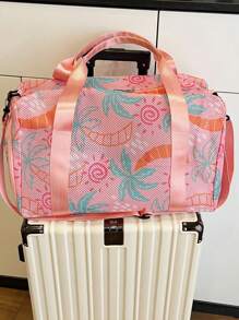 "Fashionable Mesh-Handle Luggage Tote – Lightweight, Large-Capacity Travel Tote Bag Vibrant Coconut Tree & Sun Print – Perfect For Summer Vacations And Beach Trips, Can Be Worn As A Crossbody Bag For Personal Essentials"