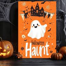 1 Piece,Retro Halloween Cute Ghost With Font 'Halloween Haunt', Modern Frameless Art Decoration Painting, Printed Posters Mural, Waterproof Canvas,Suitable For Home, Office, Bedroom, Living Room, Study, Bathroom, Bar, Wall Arts And Home Decoration, Is An Ideal Holiday GiftV