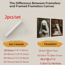 2 件鬼抱着黑猫墙壁艺术、万圣节哥特式海报、恐怖鬼魂印刷品、恐怖猫插图黑暗艺术装饰、图书馆帆布印刷品、墙壁艺术、海报、带框架的墙壁艺术、万圣节家居装饰，适用于客厅、卧室、办公室等 - 非常适合节日、壁画、海报、生日礼物、毕业礼物 - 帆布材料（可选框架）