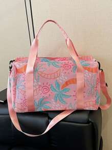 "Fashionable Mesh-Handle Luggage Tote – Lightweight, Large-Capacity Travel Tote Bag Vibrant Coconut Tree & Sun Print – Perfect For Summer Vacations And Beach Trips, Can Be Worn As A Crossbody Bag For Personal Essentials"