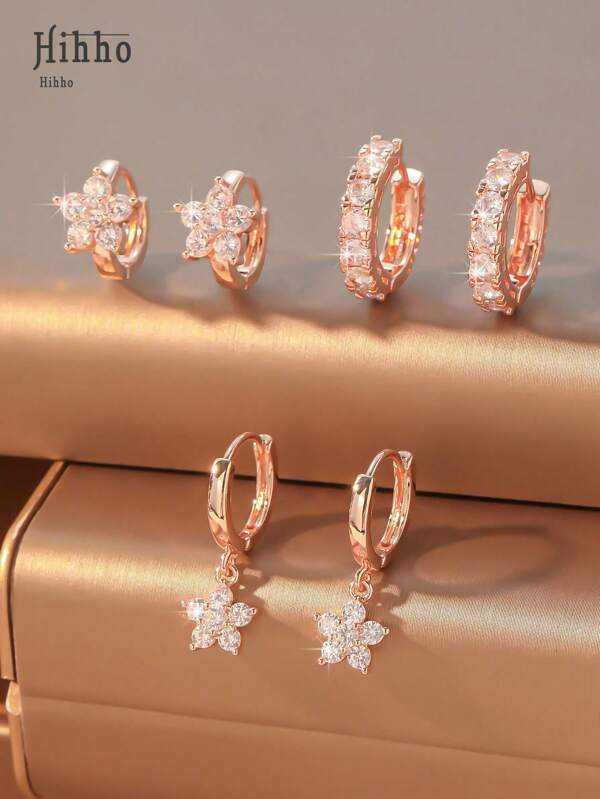 Hihho 6pcs/Set Luxurious Zirconia Inlaid Floral Pendant Earrings, Elegant Matching Rose Gold Earrings For Everyday Wear, Gift Set