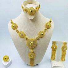1 Conjunto de collar, aretes, brazalete y anillo con borlas alargadas estilo Dubai/Medio Oriente/Africano/Nigeriano, bañado en oro de 24 quilates, adecuado para uso diario de la mujer, fiestas, bodas y como regalo del Día de San Valentín