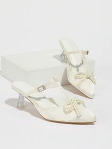 Women Polka Dot Bow High Heel Sandal - Pointed Toe Slip-On Party Shoe, Beige Hollow-Out Design, Fashionable & Comfortable, Suitable For Activities And Casual Outings, Casual High Heels | Unique Bow Design | Bow Decoration