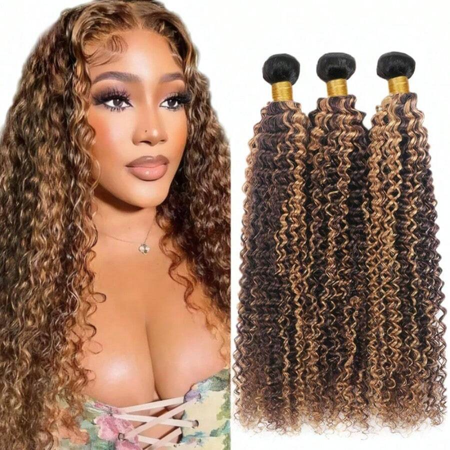 T1BP4 27 Ombre Kinky Curly Human Hair Bundles Brown And Honey Blonde Bundles 14 16 18 Inch Unprocessed Brazilian Virgin Human Hair 3 Tone Double Weft01 - T1BP4/27CulyWaveBundles - View 1