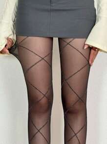 1 Stück Plus Größe Damen Strumpfhosen, schimmerndes silberfarbenes Kreuz-Raster-Design, dünn & sexy, geeignet für den täglichen Gebrauch, Frühling/Sommer