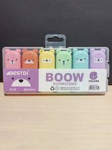 6pcs Colors/Set Cute Mini Bear Style Fluorescent Pen Macaron Color Oblique Tip Marker School Office Stationery Back To School