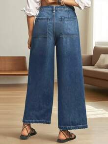 Women's Casual Elegant Wide Leg 7/8 Length Jeans, Fashionable Diamond Pockets