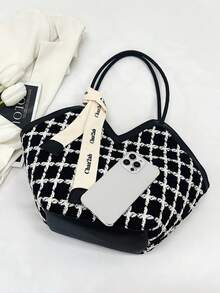 Women's Fashion Solid Color Large Capacity Shoulder Tote Bag With Scarf Gift, Suitable For Shopping, Wallet, Retail, Young Women, College Students, White Collar. Ideal For Office, University, Work, Business, Commute, Outdoor Activities, Travel And Picnic , Office , Valentines Gifts , Beach - Black - View 8