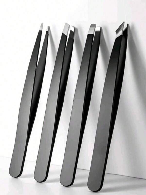 Tweezers Set - 4-Piece Precision Eyebrow Tweezers Set, Professional Stainless Steel Eyebrow Tweezers - Precise Removal Of Facial Hair, Splinters And Ingrown Hairs (Black, Silver)