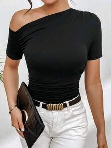 Supex Mesh T-Shirt Blouse With Asymmetrical Short Sleeves For Summer Ideal For Casual Wear Comfortable And Elegant - màu đen - Xem 5