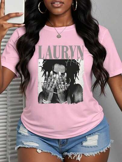 With Ring On Hand - 100% Cotton Women's T-Shirt/Lauren Hill/Letter Print/Vintage T-Shirt/Women's Casual Loose Round Neck Top/Spring And Summer-Niche Graffiti Prints T-Shirts-85841-102525
