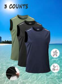 Conjunto de 3 piezas de camisetas sin mangas deportivas y de fitness para hombres, camisetas de entrenamiento de verano delgadas para exteriores y running con tiras reflectantes, ropa casual de playa de un solo color