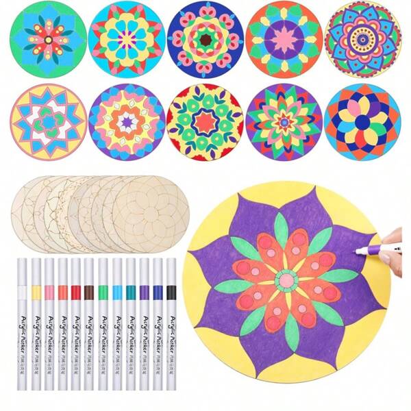 8pcs Round Mandala Wooden Decorative Hanging Ornament, Handpainted Craft Wooden Pieces, Unfinished DIY Wooden Hanging Decor, Woodcarving, Painting, Kids Room Wall Decor