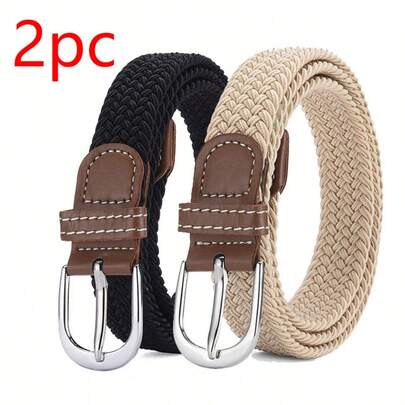 波西米亚风帆布编织腰带（两件套） - 弹性、无孔、男女通用、可调节、弹力裤腰带，适合秋季、万圣节等场合。