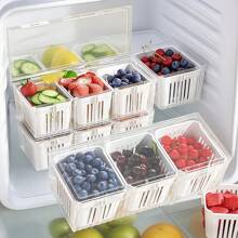 4pcs Mixed Set Drain Storage Containers (3 Drain Boxes + 1 Large Box) With Lids, Stackable Kitchen Fridge Organization Boxes, 3-Compartment For Fruits, Vegetables, Food