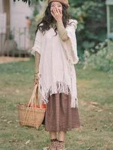 1pc Women's Solid Color Hooded Button Poncho, 75cm X 80cm Small Size, Bohemian Style Shawl Wrap, Knitted Pullover Cape For Casual Wear, Autumn/Winter - Dark Khaki - View 3