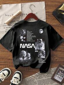1pc Tween Boy Black Space & Astronaut Print Short Sleeve T-Shirt, Summer Top For Young Male Students - Black - View 4